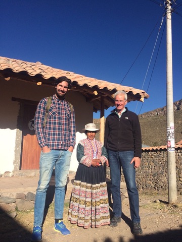 Lucas in Peru with his father and a local woman — three-generation height contrast